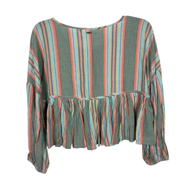 O'Neill Babydoll Top Blouse Small Green Orange Stripe Peplum - Picture 3 of 8